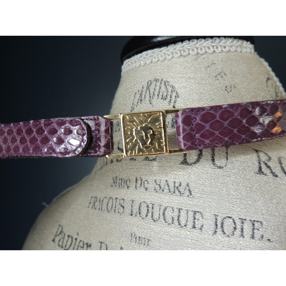 Vintage Anne Klein Calderon Purple Snakeskin Leather Belt Gold Lion Heads Small